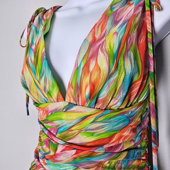 VTG Y2K ABS Allen Schwartz Rainbow Swirl Ruched Dress Handkerchief Hem Size 2 - Picture 2 of 13